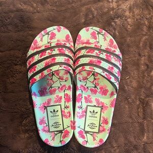 Adidas Arizona Floral Slides in Pink and Green